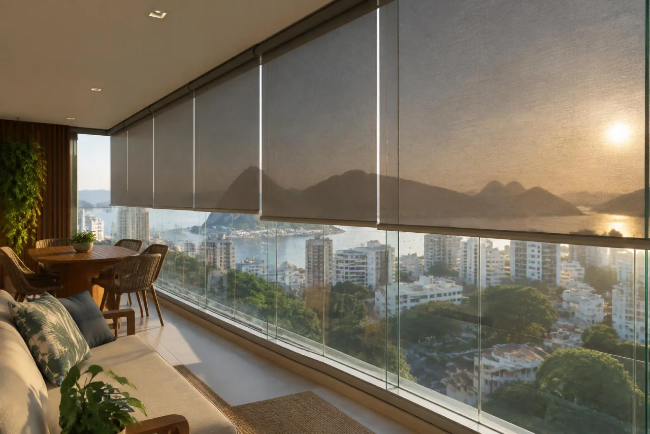 Persiana rolô tela solar em varanda com cortina de vidro no Rio de Janeiro