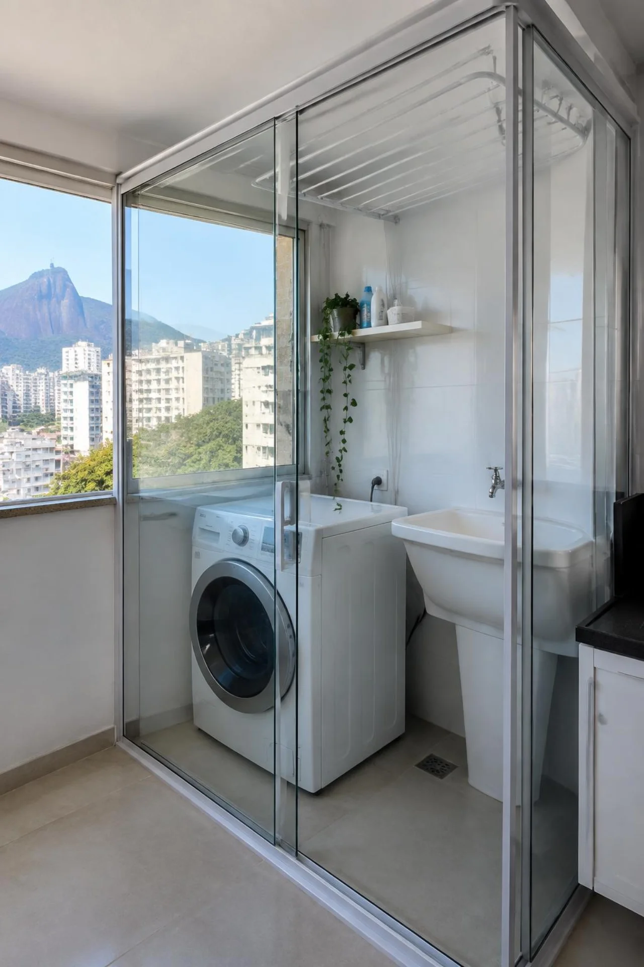 Fechamento de área de serviço com vidro de correr incolor em apartamento no Rio de Janeiro