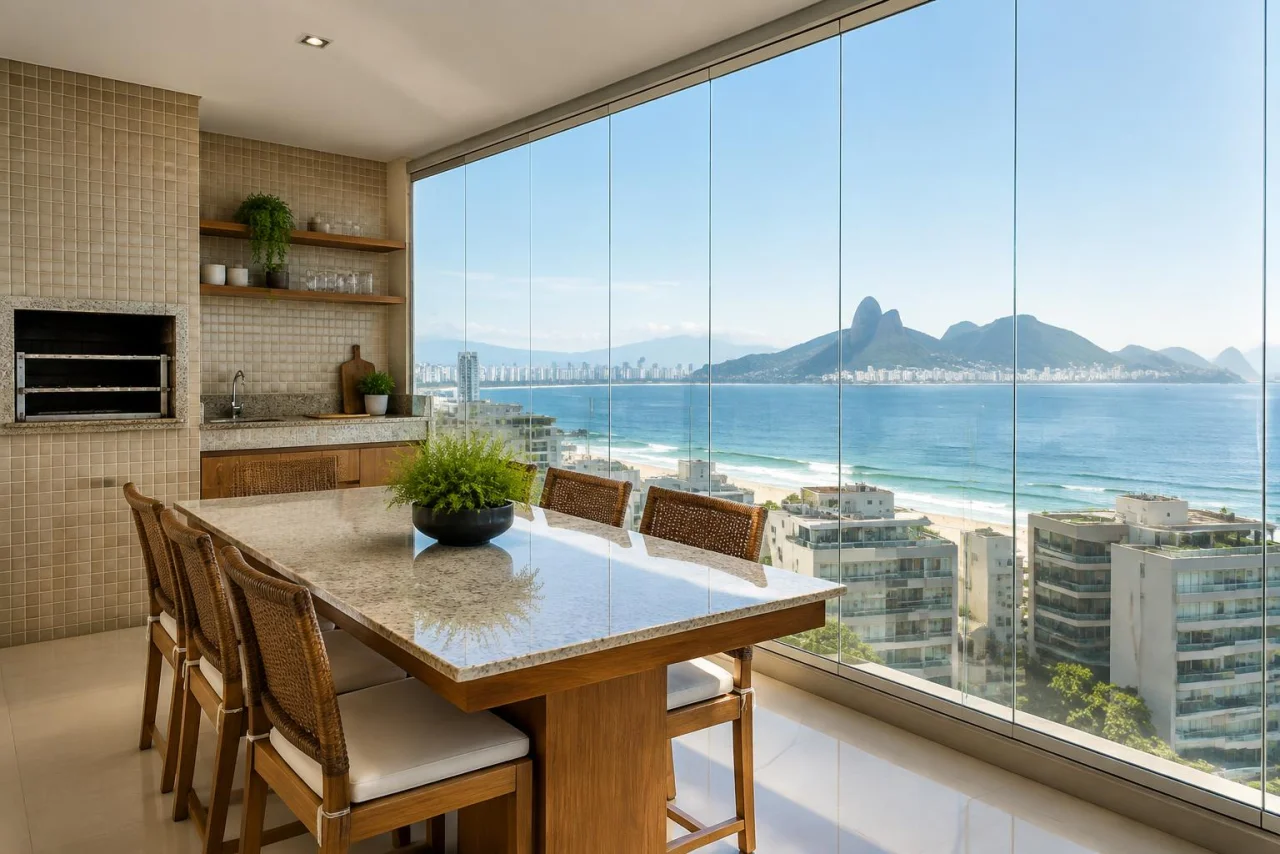 Varanda gourmet com churrasqueira fechada por cortina de vidro retrátil no Rio de Janeiro